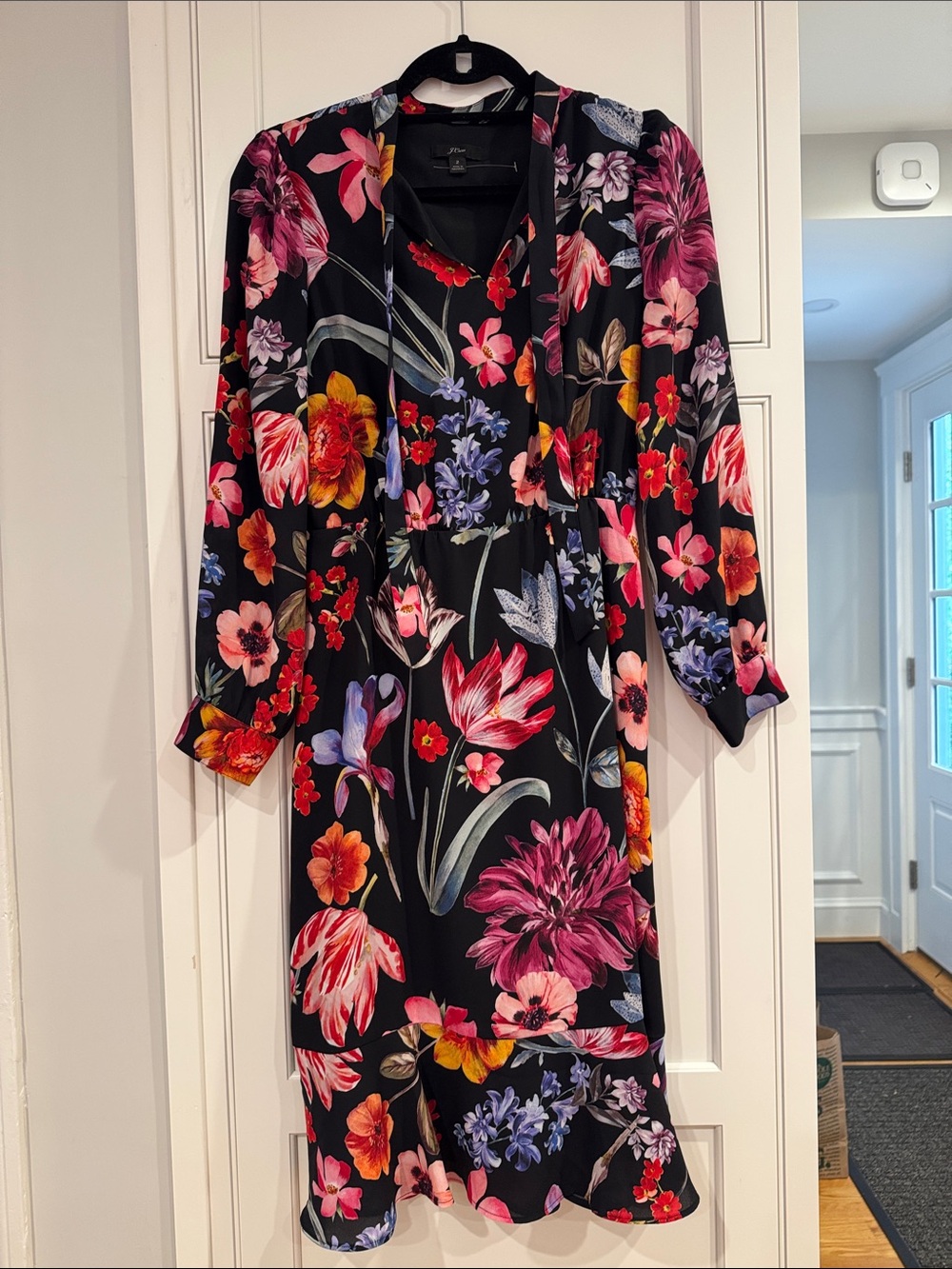J. Crew Black Long-Sleeve Floral Midi Dress with Pink, Red & Purple Blooms